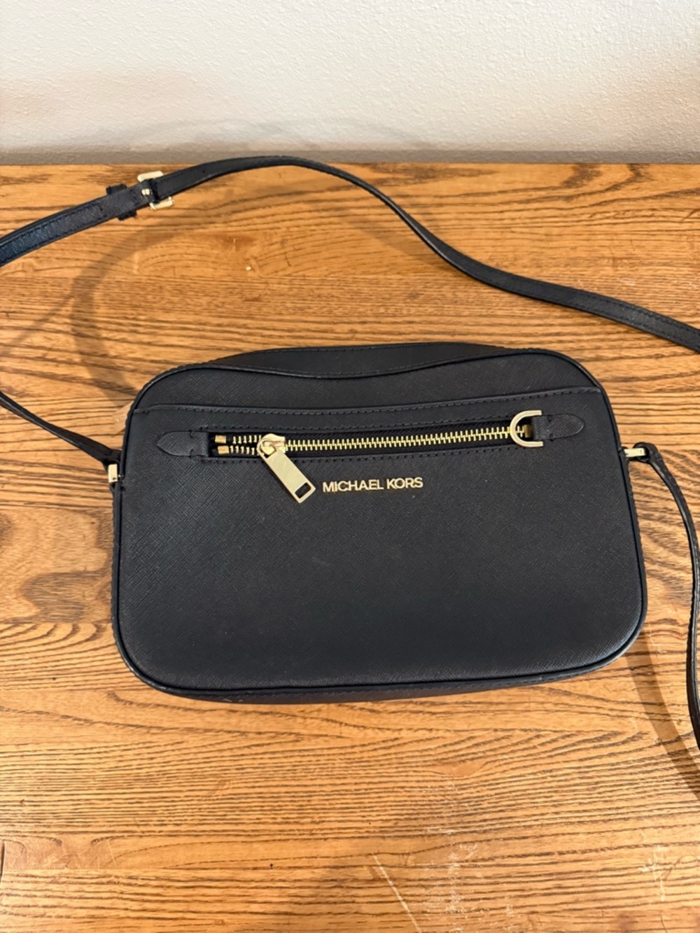 Michael Kors Black Crossbody with Gold Hardware and Front Zip